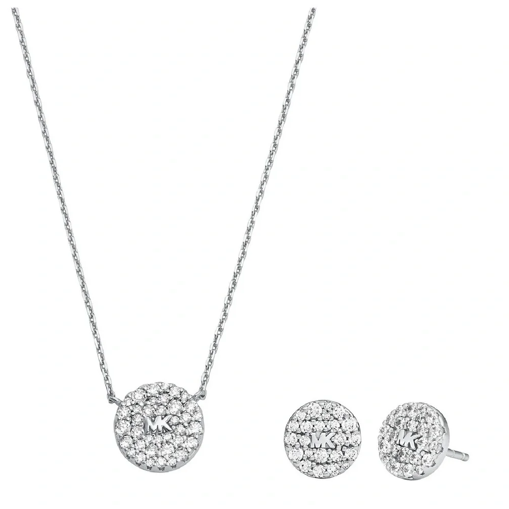Michael Kors Sterling Silver Pavé Logo Disc Earrings and Necklace Set